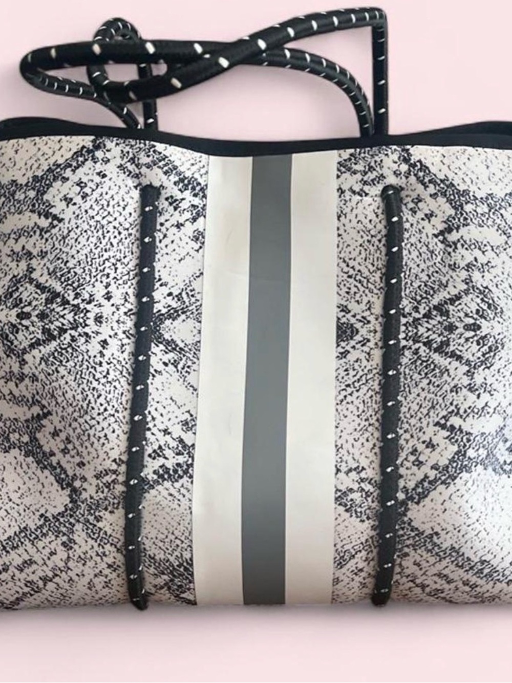 Snake-Print Neoprene Tote with Center Stripe - Black & White